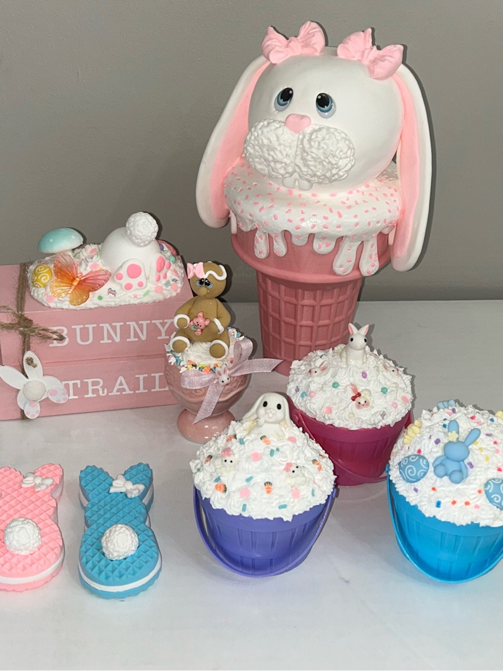 Pink Bunny Ice Cream Cupcake Party Decor Set - Handmade